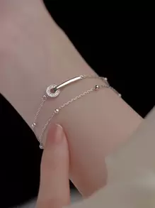 ESBERRY 1入女士雙層圓形魅力手鍊，S925純銀時尚精細珠寶，假日禮物 - 銀色 - 查看 6