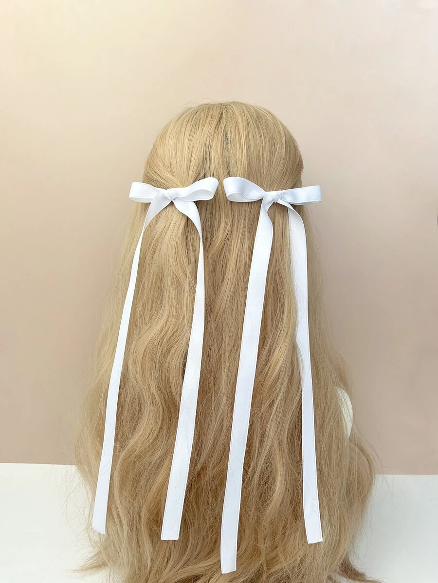 2pcs Simple Bowknot Design Long Ribbon Hair Clip For Back To School Cute Valentine's Day Valentines, Hair Accessories, Hair Barrettes Hair Clips Hair Claws, School Stuff, Elegant, College, Bows, Head Accessories, Hairpin - White - View 1