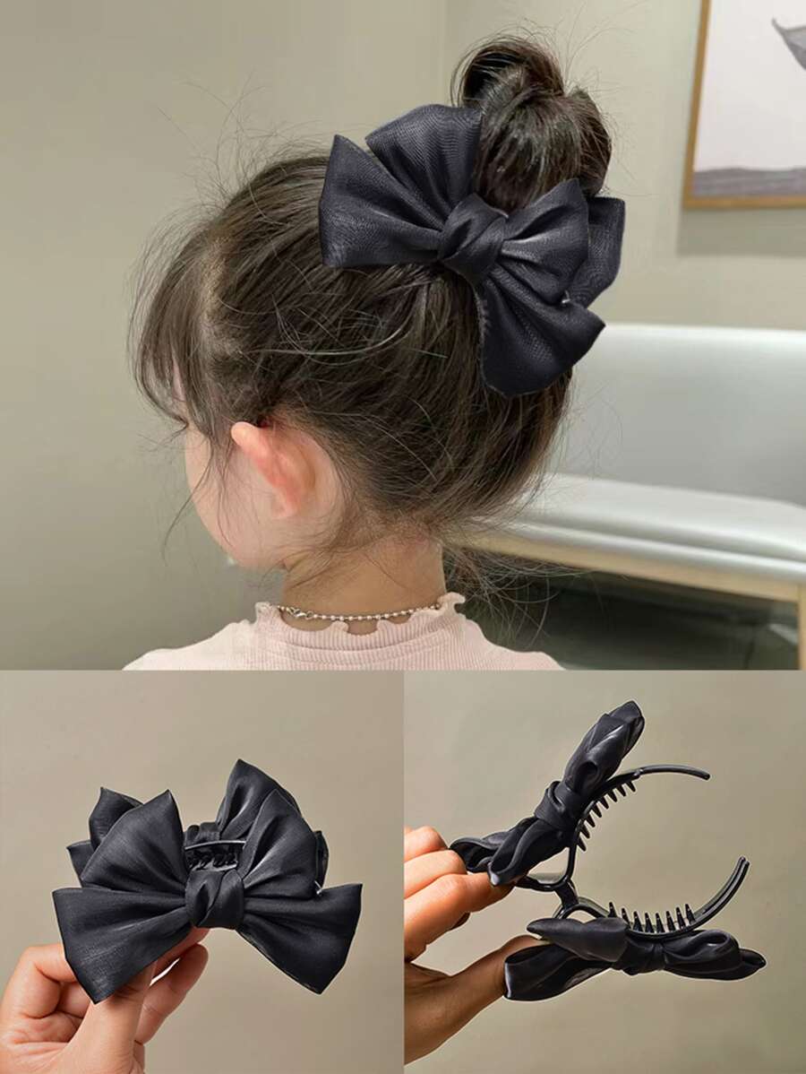 1pc Girls' Black Satin Bowknot Bun Hair Clip For Festival - Black - View 1