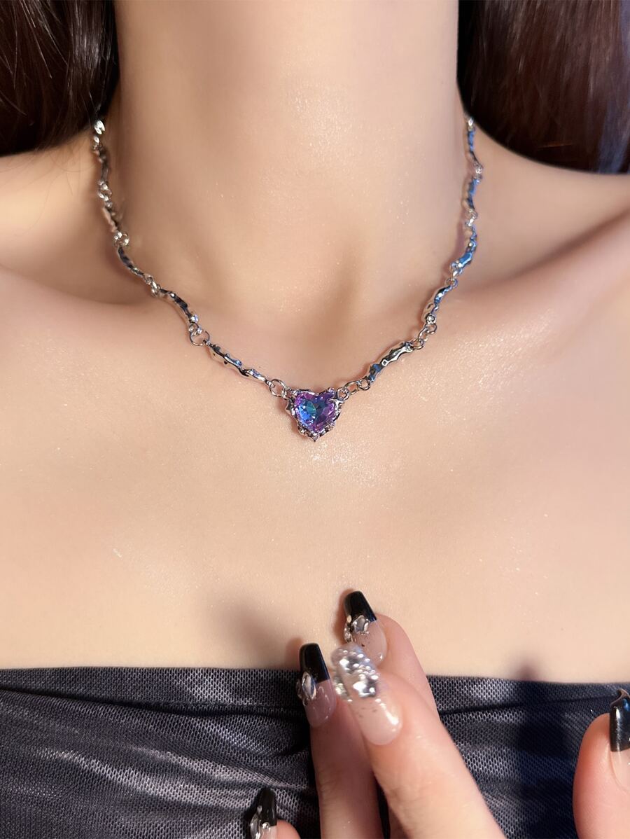 1件裝女款奢華甜酷風愛心鎖骨鏈項鍊,時尚極簡小眾設計 - 銀色 - 查看 1