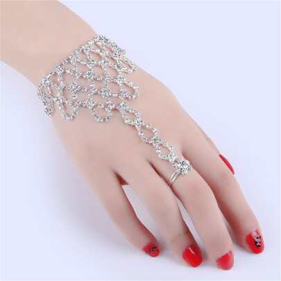 Fashionable Bridal Jewelry Rhinestone Inlaid Bracelet, Unique Hand Back Chain Royal Party