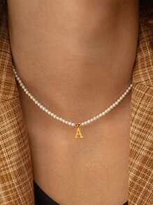 1 Vòng Cổ Đính Hạt Ngọc Trai Giả 26 Chữ Cái Dành Cho Nữ, Thích Hợp Để Đeo Hàng Ngày Với Thiết Kế Đơn Giản Nhưng Thanh Lịch - Nhiều màu - Xem 6