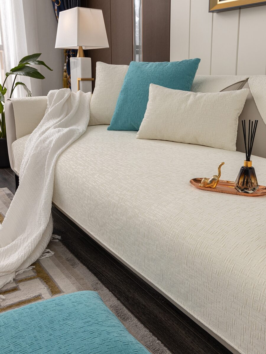 乳白色立體小提花雪花燈芯絨沙發墊帶矽膠防滑顆粒寵物保護套四季通用沙發套客廳靠背套 - 米色 - 查看 1