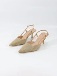 新款女士踝带高跟凉鞋，夏季复古设计，低鞋面和中跟鞋，尖头鞋，法式优质包头凉鞋，后跟处饰有闪亮亮片，百搭低跟新娘鞋，伴娘鞋，新款女鞋水晶穆勒鞋，尖头凉鞋。 - 杏色 - 查看 5