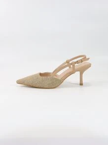 新款女士踝带高跟凉鞋，夏季复古设计，低鞋面和中跟鞋，尖头鞋，法式优质包头凉鞋，后跟处饰有闪亮亮片，百搭低跟新娘鞋，伴娘鞋，新款女鞋水晶穆勒鞋，尖头凉鞋。 - 杏色 - 查看 6