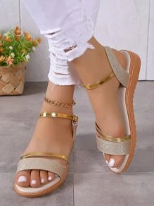 女士平底凉鞋，新款夏季款式，带水晶吊坠，扣环踝带，百搭韩式软底仙女款大码鞋 - 金色 - 查看 6