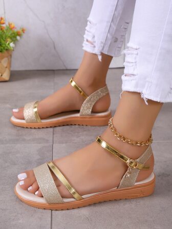 Women's Flat Sandals, New Summer Style With Crystal Pendant, Buckle Ankle Strap, Versatile Korean Style Soft Bottom Fairy Style Shoes In Large Size
