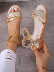 女士平底凉鞋，新款夏季款式，带水晶吊坠，扣环踝带，百搭韩式软底仙女款大码鞋 - 金色 - 查看 2