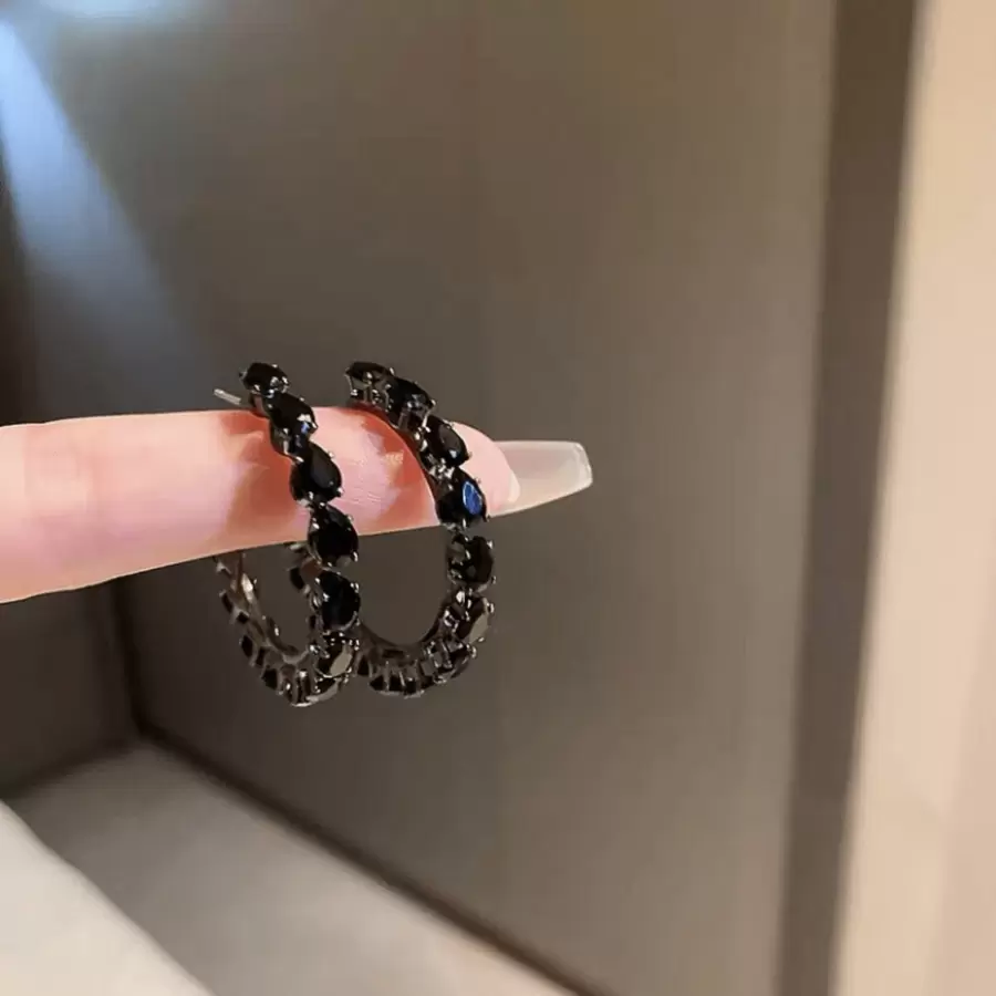 Khuyên tai hình giọt nước Zirconia thiết kế chữ C cho nữ, trang sức tai thời trang độc đáo và hợp thời trang - màu đen - Xem 1