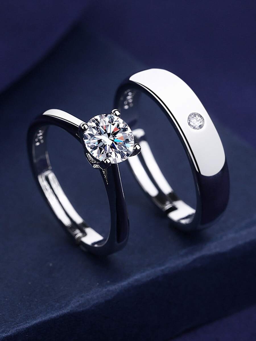 2pcs/set Stylish Minimalist Couple Rings, Copper With Zirconia, Adjustable Size