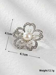 1入組合金和水鑽和人造珍珠裝飾五瓣花胸針 - 銀色 - 查看 5