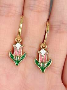 一對的對比花復古風格鬱金香女性耳環 - 彩色 - 查看 3