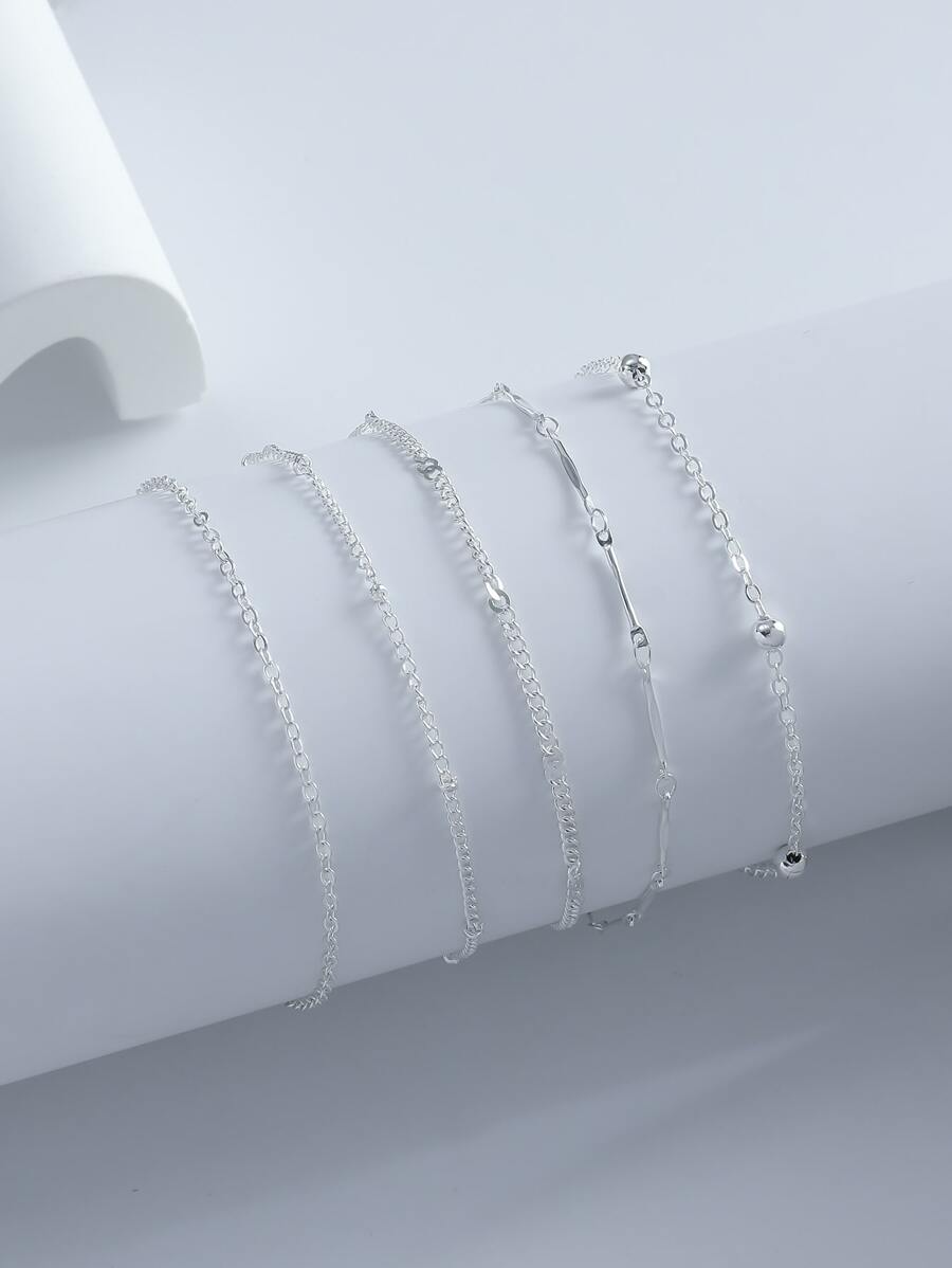 5入組/套時尚極簡鏈條,球和釘珠設計腳錬適合女孩,裝飾用品禮品 - 銀色 - 查看 1