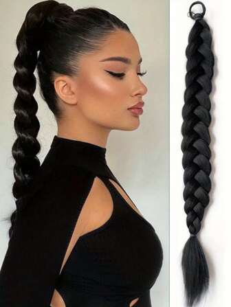 一片式合成马尾辫接发拳击辫环绕发髻尾巴带橡皮筋发圈 20 英寸辫子（黑色）