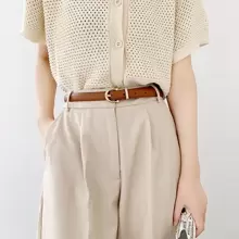 XIANG YU 1 件女式简约复古椭圆形黑色金色扣薄款 PU 皮带 - 棕色 - 查看 2