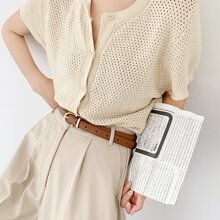 XIANG YU 1 件女式简约复古椭圆形黑色金色扣薄款 PU 皮带 - 棕色 - 查看 3