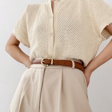 XIANG YU 1 件女式简约复古椭圆形黑色金色扣薄款 PU 皮带 - 棕色 - 查看 4