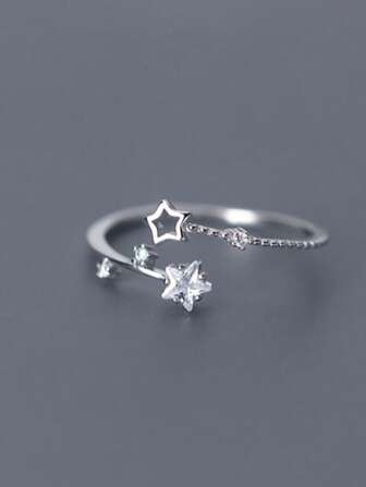 HuooNew 1pc Minimalist 925 Sterling Silver Cubic Zirconia Star Adjustable Open Ring, Gift For Women