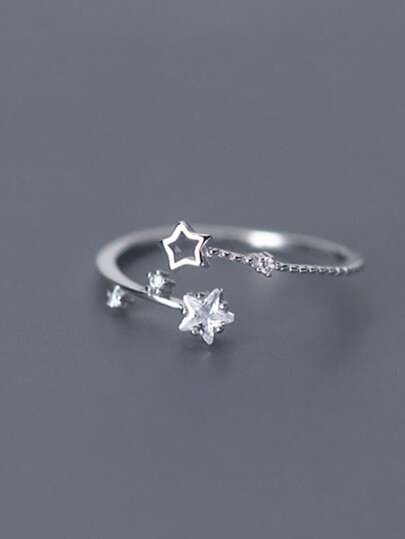 HuooNew 1pc Minimalist 925 Sterling Silver Cubic Zirconia Star Adjustable Open Ring, Gift For Women