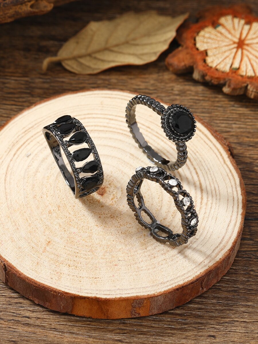 3 件套时尚优雅水晶戒指 - 黑色 - 查看 1