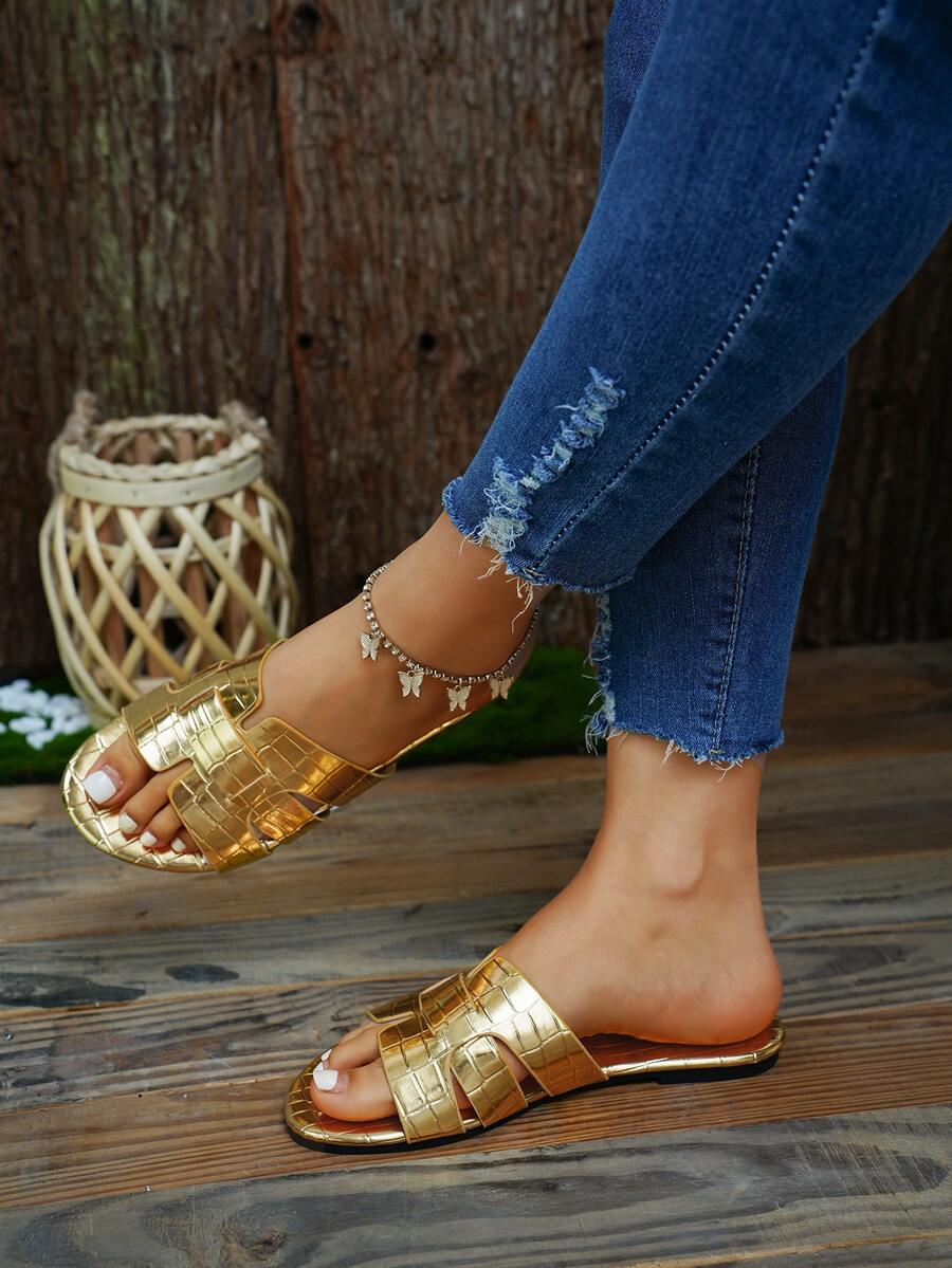 女性休閒舒服的戶外涼鞋,復古交叉帶PU皮革露趾踝帶平底涼鞋 - 金色 - 查看 1