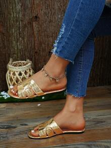 女性休閒舒服的戶外涼鞋,復古交叉帶PU皮革露趾踝帶平底涼鞋 - 金色 - 查看 2