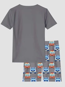 Tween Boy Cartoon & Letter Graphic Tee & Shorts Snug Fit PJ Set - Grey - View 2