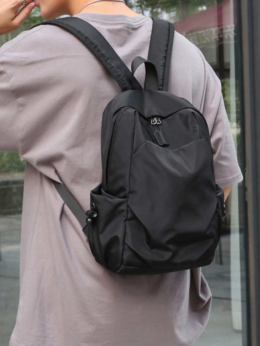 新款迷你後背包男士小流行輕便書包簡約風閒暇旅行小後背包書包返校電腦雙肩包大後背包黑色包 - 黑色 - 查看 1