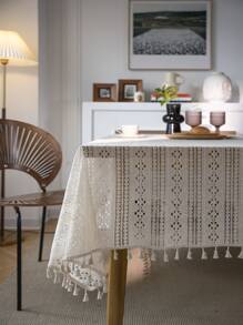 1pc Lace Rectangular Tablecloth, Bohemian Vintage Style Hollow Out Beige Fringed Tablecloth For Wedding, Home & Party Decor - Beige - View 1