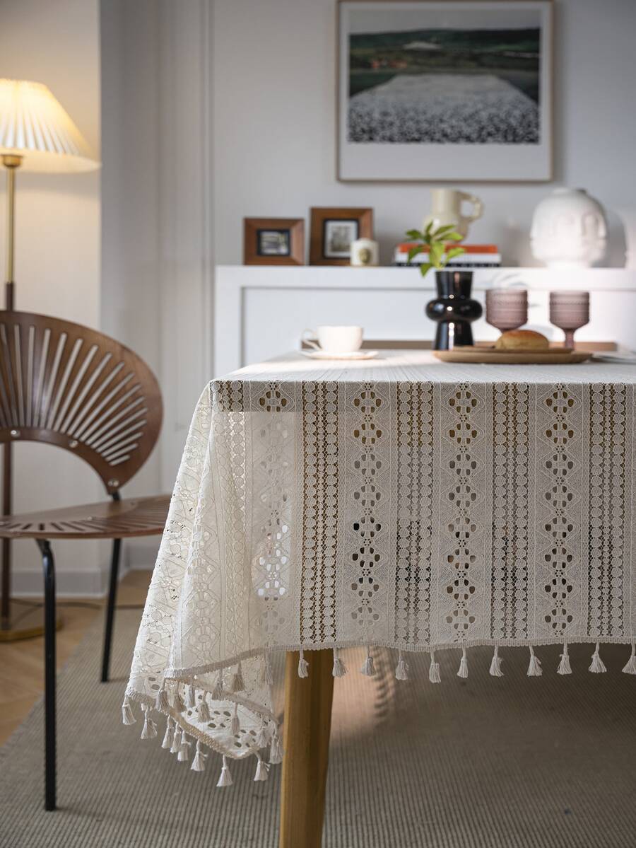 1pc Lace Rectangular Tablecloth, Bohemian Vintage Style Hollow Out Beige Fringed Tablecloth For Wedding, Home & Party Decor - Beige - View 1