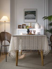 1pc Lace Rectangular Tablecloth, Bohemian Vintage Style Hollow Out Beige Fringed Tablecloth For Wedding, Home & Party Decor - Beige - View 2