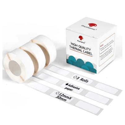 Phomemo D30 D30S D32 D35 D50 Q30 Q30S Q31 Adhesive White Label Paper 3/8" X 1 1/8" (12mm X 30mm) 210 Labels/Roll, Black On White, 3 Roll