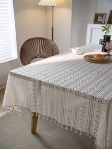 1pc Lace Rectangular Tablecloth, Bohemian Vintage Style Hollow Out Beige Fringed Tablecloth For Wedding, Home & Party Decor - Beige - View 5