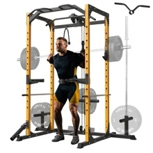 Mikolo Power Rack Cage with LAT Pulldown System, 1200LBS Capacity Power Rack, Multi-Functional Squat Rack with 13-Level Adjustable Height and J-Hooks, Dip Bars, T-Bar, Gym Equipment (Upgraded)