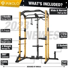Mikolo Power Rack Cage with LAT Pulldown System, 1200LBS Capacity Power Rack, Multi-Functional Squat Rack with 13-Level Adjustable Height and J-Hooks, Dip Bars, T-Bar, Gym Equipment (Upgraded)