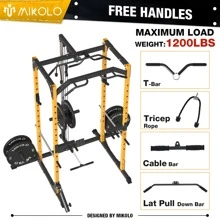 Mikolo Power Rack Cage with LAT Pulldown System, 1200LBS Capacity Power Rack, Multi-Functional Squat Rack with 13-Level Adjustable Height and J-Hooks, Dip Bars, T-Bar, Gym Equipment (Upgraded)