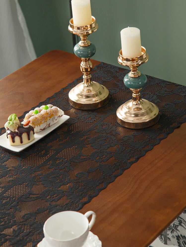 1pc Vintage Style Rose Floral Lace Tablecloth Polyester Square Table Cover With Hollowed Lace Net