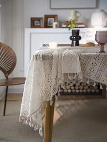 1pc Lace Rectangular Tablecloth, Bohemian Vintage Style Hollow Out Beige Fringed Tablecloth For Wedding, Home & Party Decor - Beige - View 7