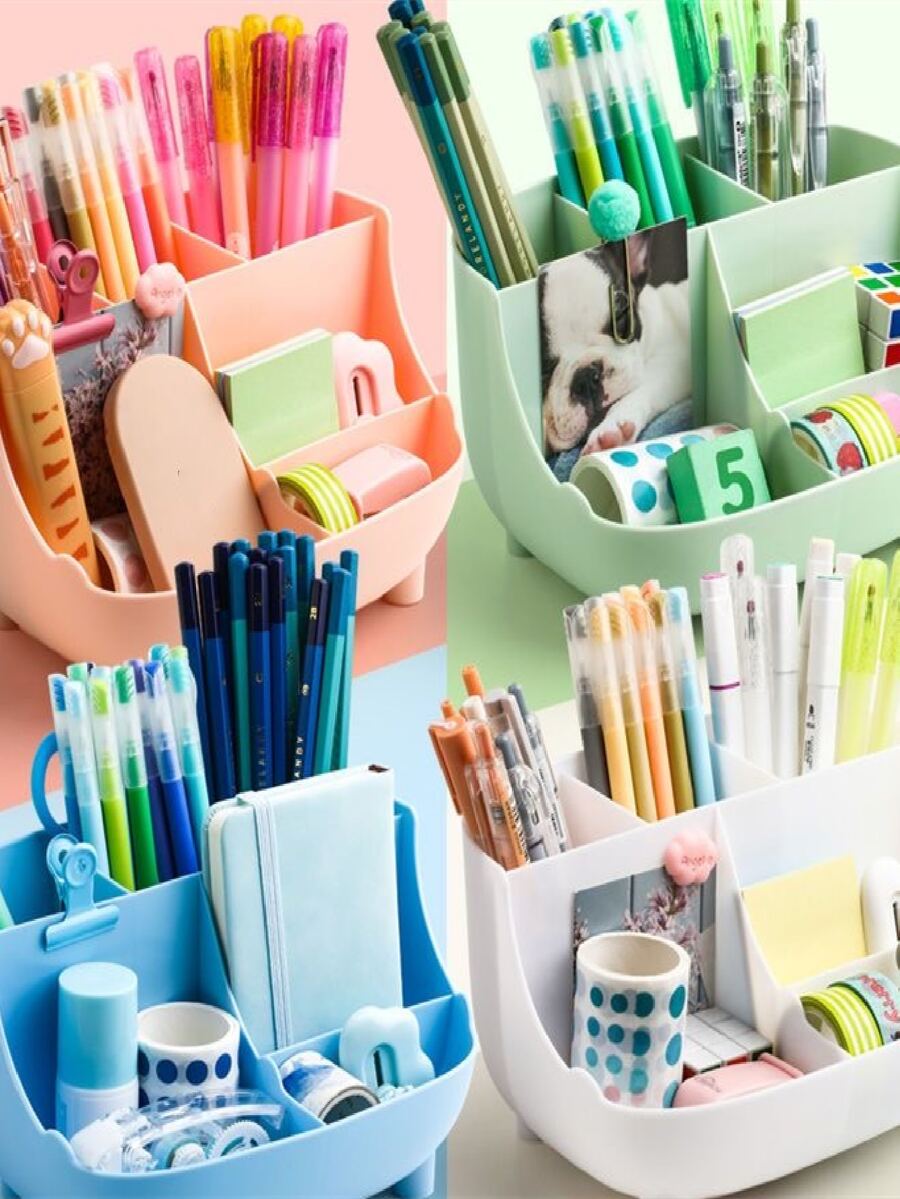 1入組粉色/白色 6 格桌面收納盒，多功能塑料收納盒，適用於文具、學生和辦公用品 - 白色 - 查看 1