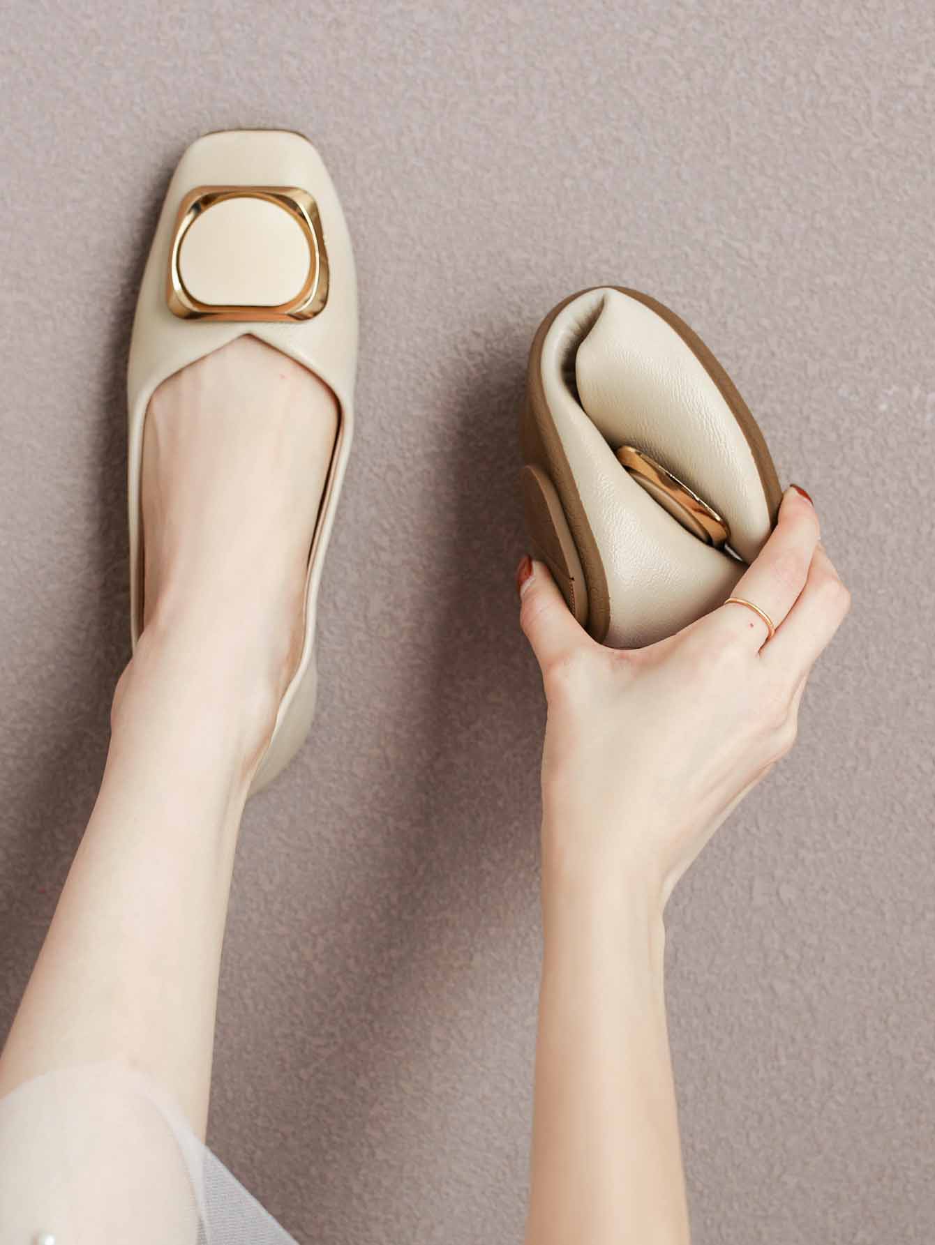 Của phụ nữ Dày Gót chân Giày dép , Mùa hè , 2023 Hàng mới đến , Da thật , Linh hoạt , Trung bình Gót chân , Giày phẳng , Kích thước lớn - Màu be - Xem 1