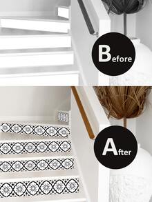 件黑白花卉圖案樓梯磁磚貼紙防潮加厚即剝即貼壁紙聖誕家居裝飾防水自黏牆貼，1 卷 7 件 x 42 x 7 英寸 - 黑與白 - 查看 5