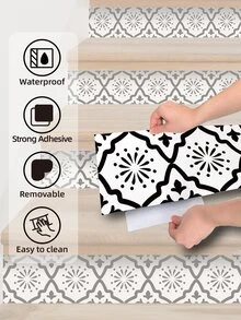 件黑白花卉圖案樓梯磁磚貼紙防潮加厚即剝即貼壁紙聖誕家居裝飾防水自黏牆貼，1 卷 7 件 x 42 x 7 英寸 - 黑與白 - 查看 3