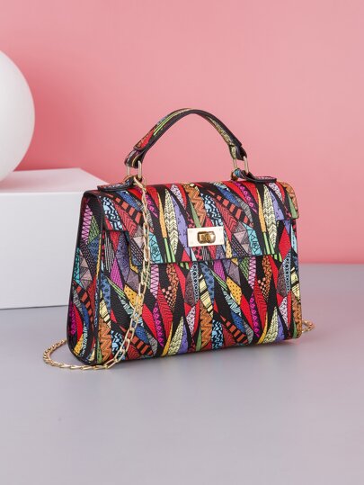 Bolso Cuadrado Mini Con Correa Cruzada Y Mango Superior Estampado De Moda Y Estampado Multicolor Para Mujeres
