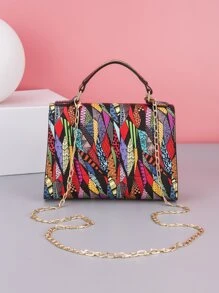 Crossbody Chain Mini Square Bag With Printed Top Handle And Multicolor Print For Women, Best Christmas Gifts Ever - Multicolor - View 4