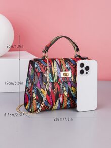 Crossbody Chain Mini Square Bag With Printed Top Handle And Multicolor Print For Women, Best Christmas Gifts Ever - Multicolor - View 3