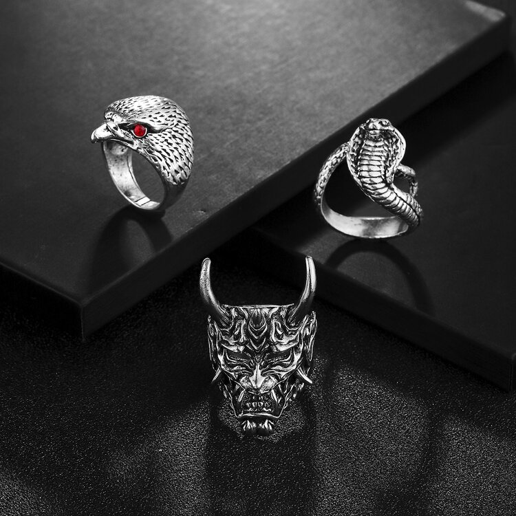 Exquisito conjunto de 1 pieza: máscara de demonio vintage, anillo abierto personalizado con forma de serpiente y delicado anillo con cabeza de águila. - Plata antigua - Añade 1