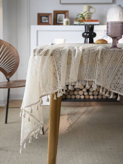  Bubaba 1 件铜币图案镂空米色矩形桌布，波西米亚风蕾丝流苏装饰防尘桌旗，适用于餐厅、厨房、卧室、客厅、户外派对、节日、所有季节
