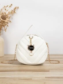 简约时尚女士斜挎单肩包，配猫形吊坠 - 白色 - 查看 1