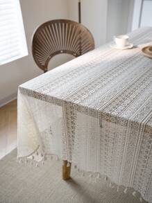 Bubaba 1 件铜币图案镂空米色矩形桌布,波西米亚风蕾丝流苏装饰防尘桌旗,适用于餐厅、厨房、卧室、客厅、户外派对、节日、所有季节 - 米色 - 查看 8