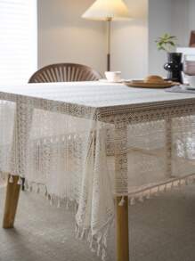 Bubaba 1 件铜币图案镂空米色矩形桌布,波西米亚风蕾丝流苏装饰防尘桌旗,适用于餐厅、厨房、卧室、客厅、户外派对、节日、所有季节 - 米色 - 查看 10
